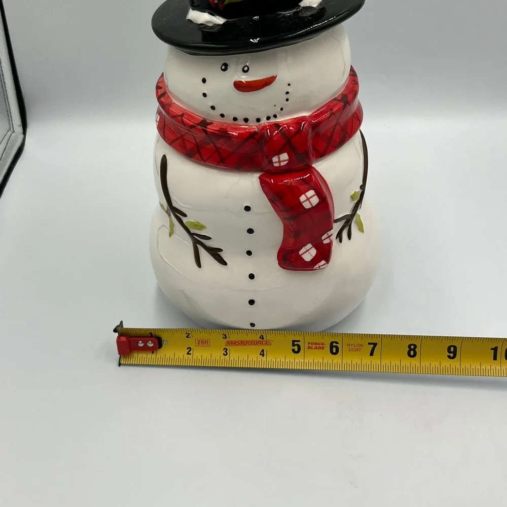 Magenta Snowman Cookie Jar Holiday Large White Red Black Excellent Plaid Scarf
